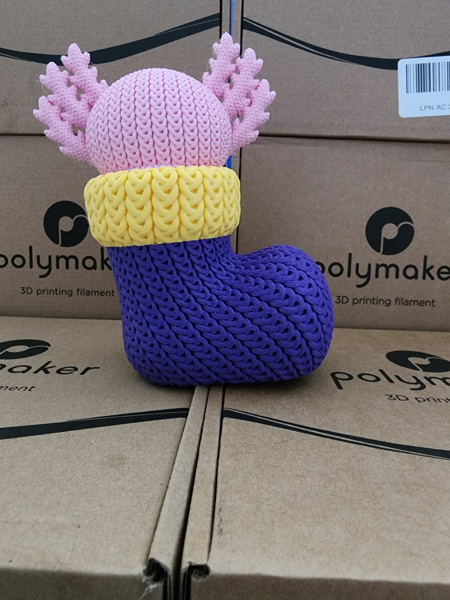 Knitted Holiday Axolotl in Stocking - 3D Printed